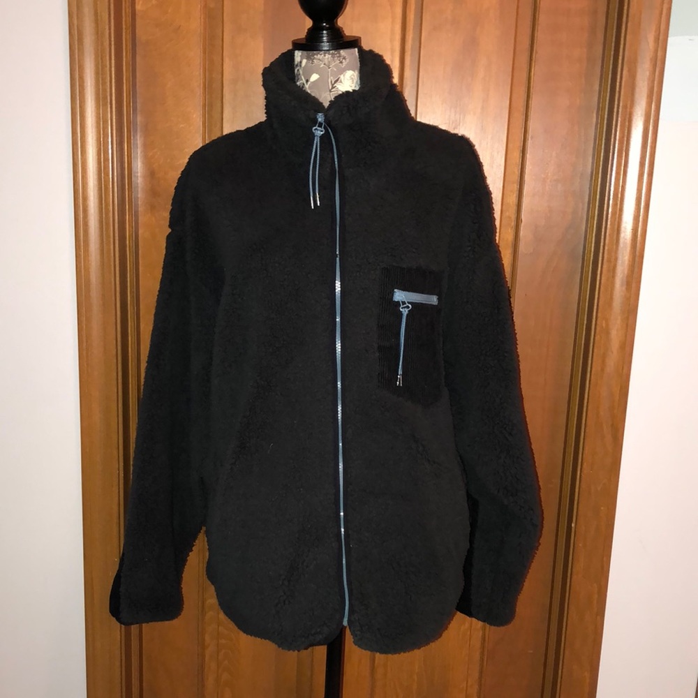 NWT Urban Outfitters black sherpa jacket with blue zippers and corduroy details